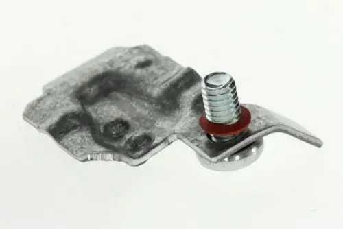 BOSCH Befestigungsblech aus Metall mit integriertem Bolzen und Dichtung. Das Teil scheint für die Montage in technischen Anwendungen vorgesehen zu sein.